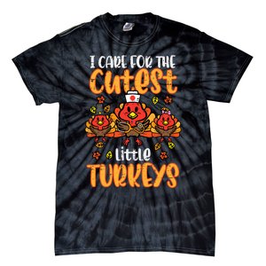 Care For Little Turkeys Nurse Fall Thanksgiving Scrub Top Tie-Dye T-Shirt