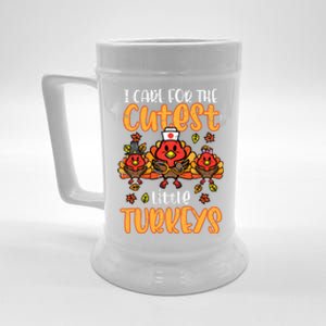 Care For Little Turkeys Nurse Fall Thanksgiving Scrub Top Beer Stein