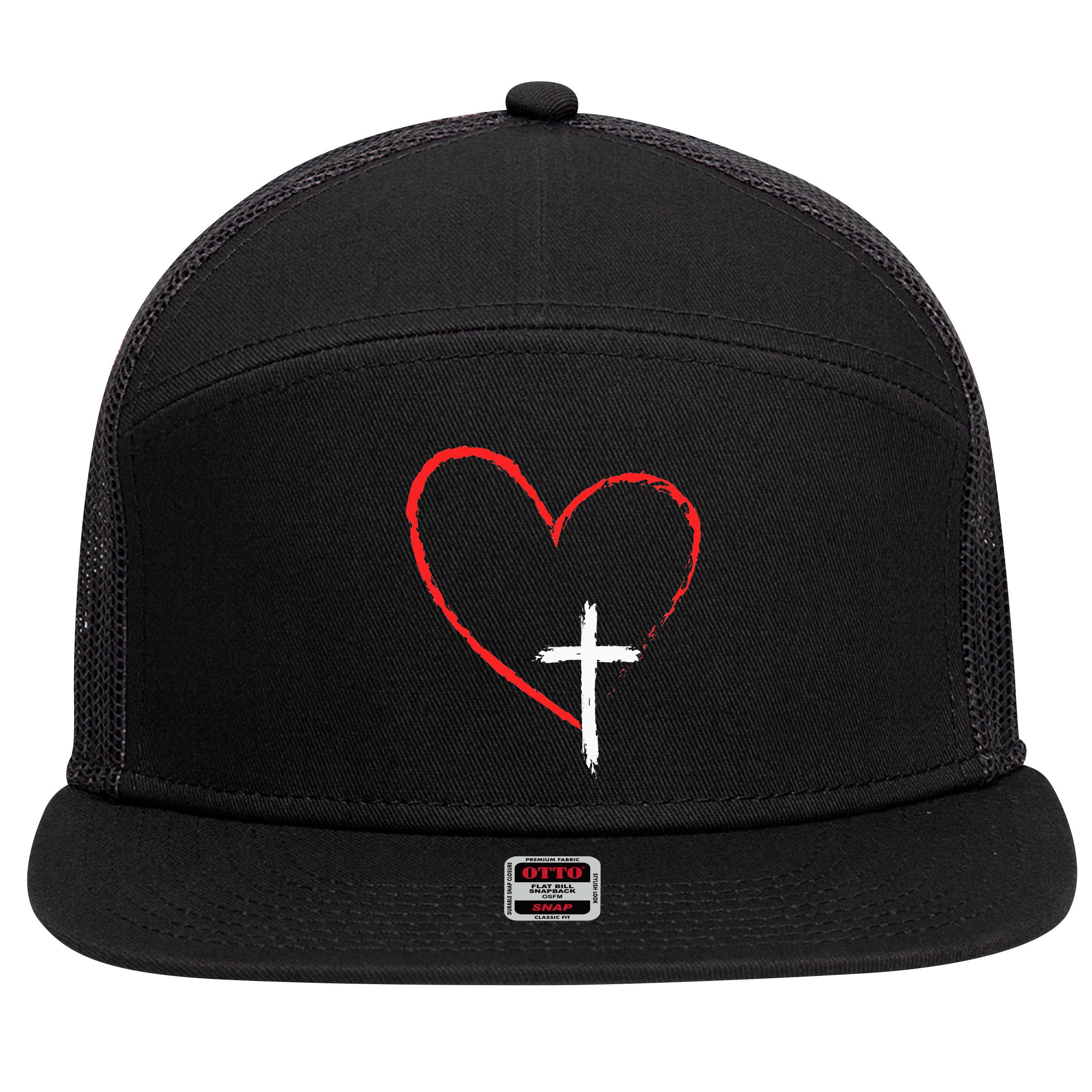 Christian Faith Love Heart Jesus God Cross 7 Panel Mesh Trucker Snapback Hat