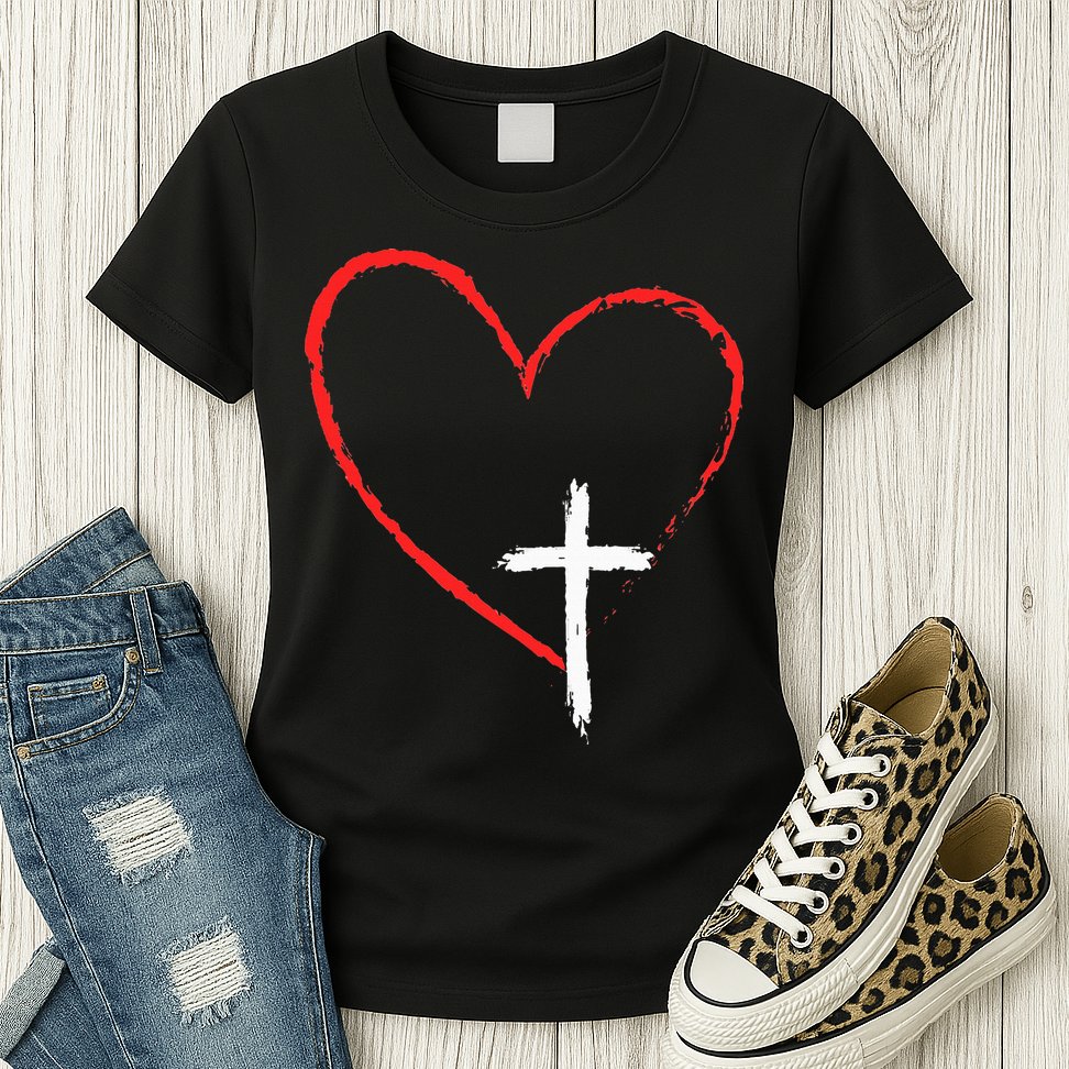 Christian Faith Love Heart Jesus God Cross Womens T-Shirt