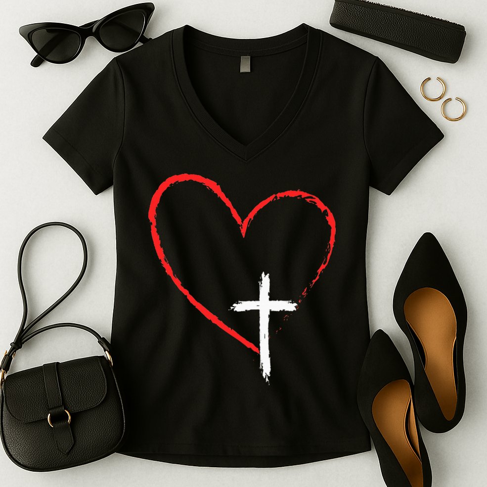 Christian Faith Love Heart Jesus God Cross Women's V-Neck T-Shirt