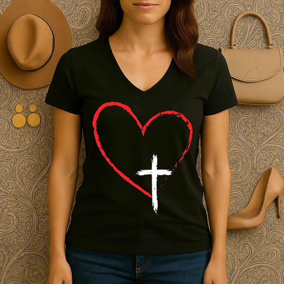 Christian Faith Love Heart Jesus God Cross Women's V-Neck T-Shirt