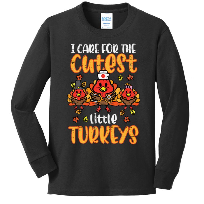 Care For Little Turkeys Nurse Fall Thanksgiving Scrub Top Kids Long Sleeve Shirt