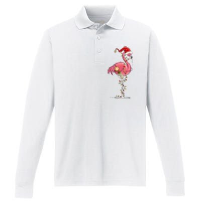 Christmas Flamingo Lights Holiday Season Performance Long Sleeve Polo