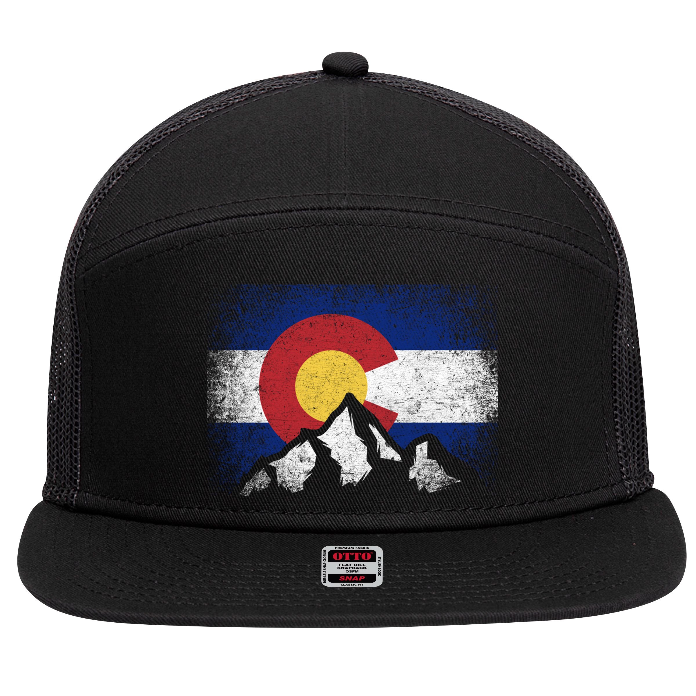 Colorado Flag Mountain Ski Winter Gift Hiker Hiking Camping Gift 7 Panel Mesh Trucker Snapback Hat