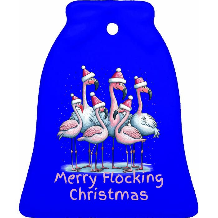 Christmas Flamingos Merry Flocking Christmas Gift Ceramic Bell Ornament