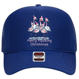 Christmas Flamingos Merry Flocking Christmas Gift High Crown Mesh Back Trucker Hat