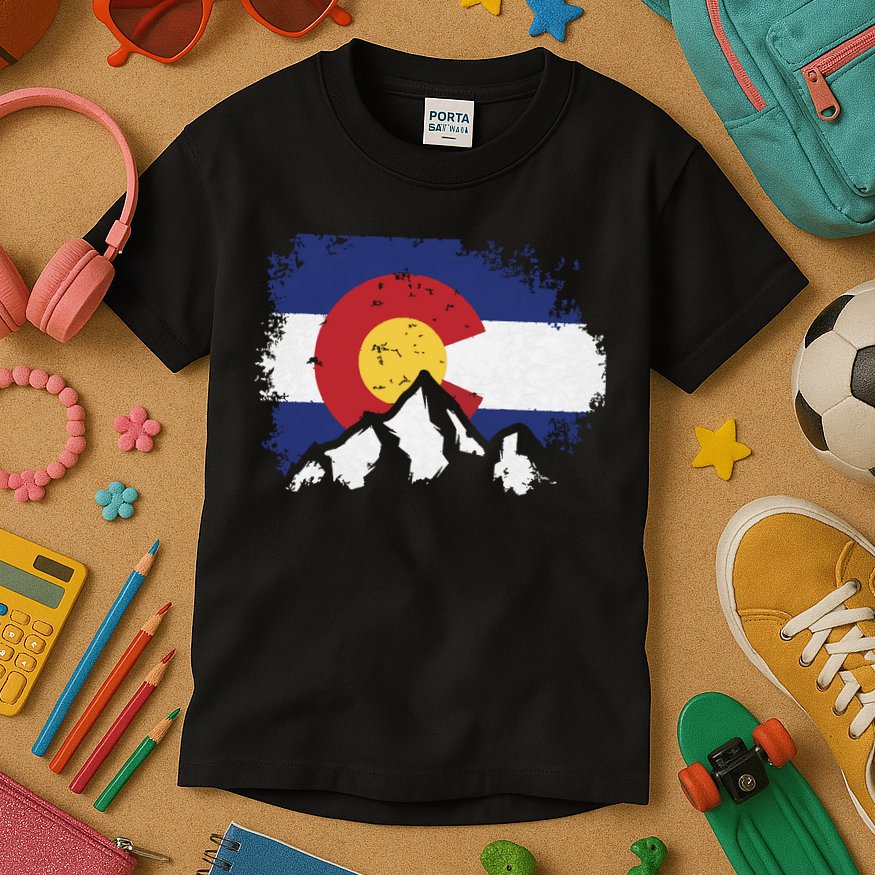 Colorado Flag Mountain Ski Winter Gift Hiker Hiking Camping Kids T-Shirt