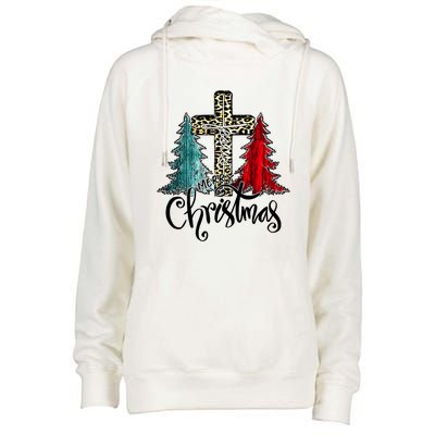 Christian Funny Merry Christmas Tree Jesus Cross Cheetah Womens Funnel Neck Pullover Hood