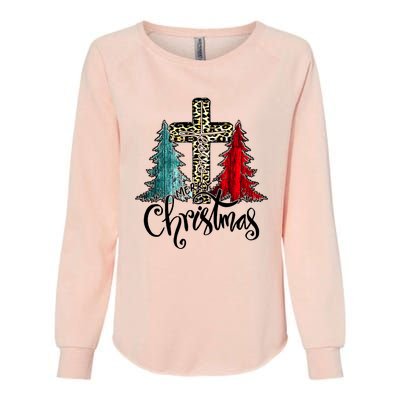 Christian Funny Merry Christmas Tree Jesus Cross Cheetah Womens California Wash Sweatshirt