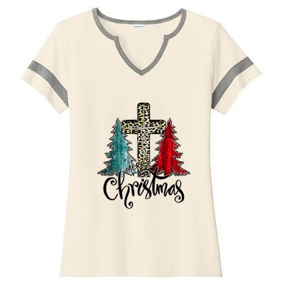 Christian Funny Merry Christmas Tree Jesus Cross Cheetah Ladies Halftime Notch Neck Tee