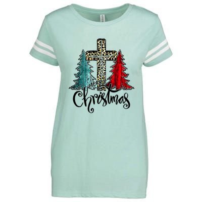 Christian Funny Merry Christmas Tree Jesus Cross Cheetah Enza Ladies Jersey Football T-Shirt