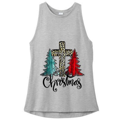 Christian Funny Merry Christmas Tree Jesus Cross Cheetah Ladies PosiCharge Tri-Blend Wicking Tank