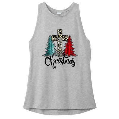 Christian Funny Merry Christmas Tree Jesus Cross Cheetah Ladies PosiCharge Tri-Blend Wicking Tank