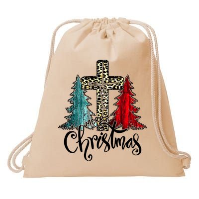 Christian Funny Merry Christmas Tree Jesus Cross Cheetah Drawstring Bag