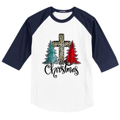 Christian Funny Merry Christmas Tree Jesus Cross Cheetah Baseball Sleeve Shirt