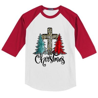 Christian Funny Merry Christmas Tree Jesus Cross Cheetah Kids Colorblock Raglan Jersey