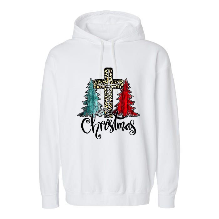 Christian Funny Merry Christmas Tree Jesus Cross Cheetah Garment-Dyed Fleece Hoodie