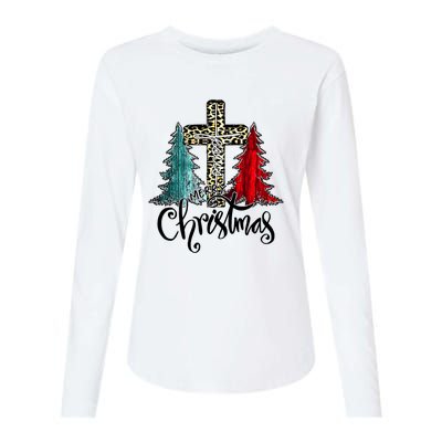 Christian Funny Merry Christmas Tree Jesus Cross Cheetah Womens Cotton Relaxed Long Sleeve T-Shirt