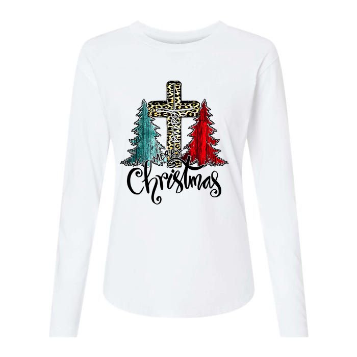 Christian Funny Merry Christmas Tree Jesus Cross Cheetah Womens Cotton Relaxed Long Sleeve T-Shirt