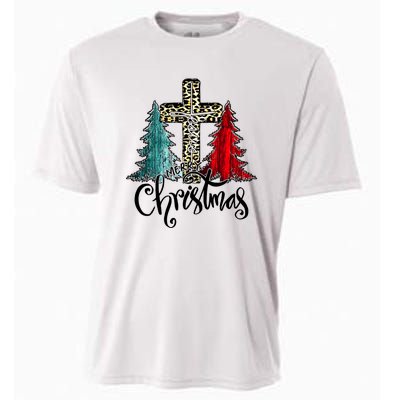 Christian Funny Merry Christmas Tree Jesus Cross Cheetah Cooling Performance Crew T-Shirt