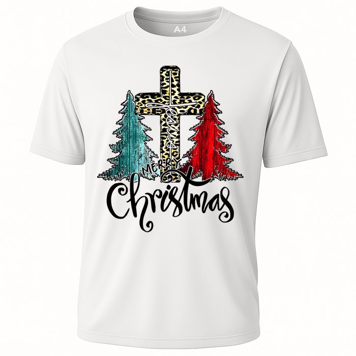 Christian Funny Merry Christmas Tree Jesus Cross Cheetah Cooling Performance Crew T-Shirt