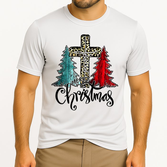 Christian Funny Merry Christmas Tree Jesus Cross Cheetah Cooling Performance Crew T-Shirt