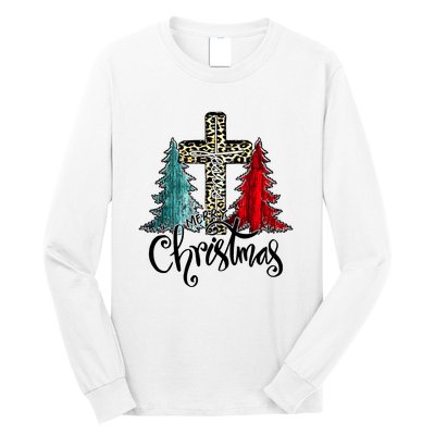 Christian Funny Merry Christmas Tree Jesus Cross Cheetah Long Sleeve Shirt