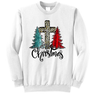 Christian Funny Merry Christmas Tree Jesus Cross Cheetah Sweatshirt