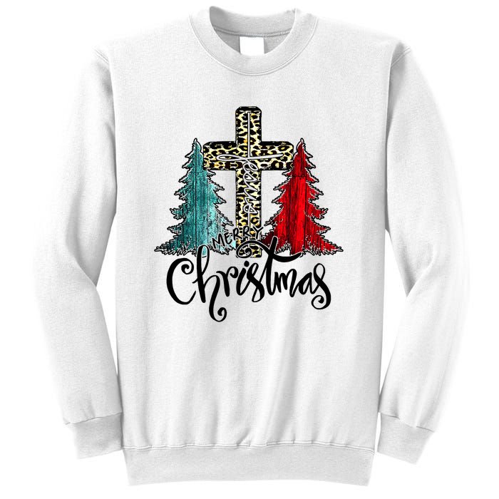 Christian Funny Merry Christmas Tree Jesus Cross Cheetah Sweatshirt