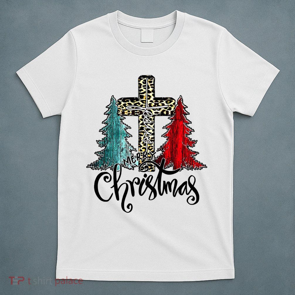 Christian Funny Merry Christmas Tree Jesus Cross Cheetah T-Shirt