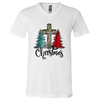 Christian Funny Merry Christmas Tree Jesus Cross Cheetah V-Neck T-Shirt