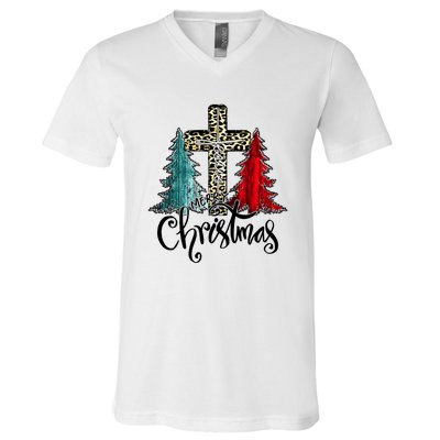 Christian Funny Merry Christmas Tree Jesus Cross Cheetah V-Neck T-Shirt