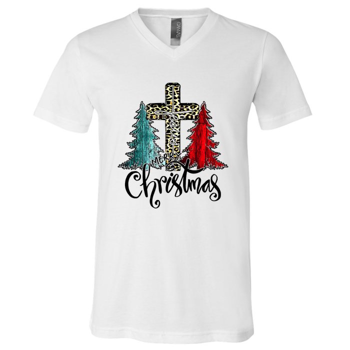 Christian Funny Merry Christmas Tree Jesus Cross Cheetah V-Neck T-Shirt