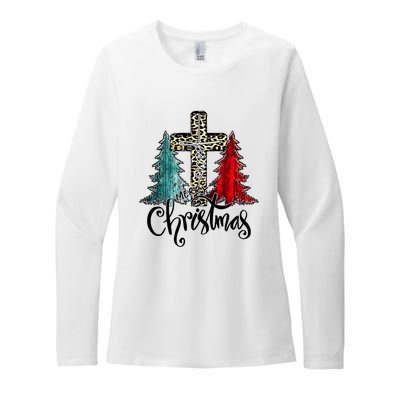 Christian Funny Merry Christmas Tree Jesus Cross Cheetah Womens CVC Long Sleeve Shirt