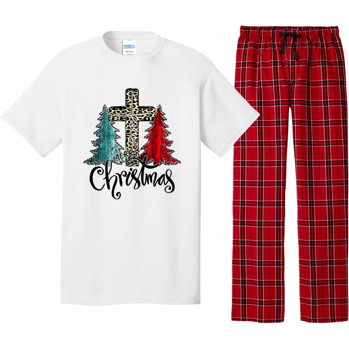 Christian Funny Merry Christmas Tree Jesus Cross Cheetah Pajama Set