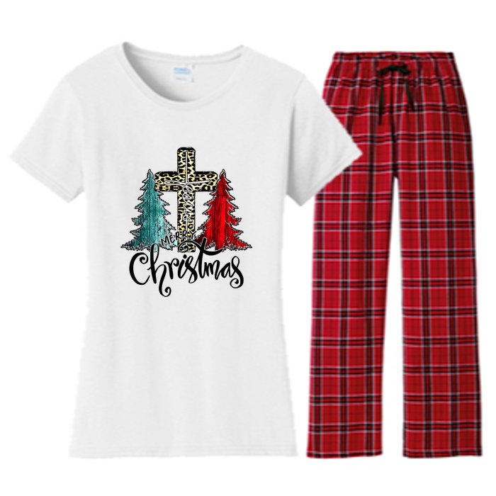 Christian Funny Merry Christmas Tree Jesus Cross Cheetah Women's Flannel Pajama Set