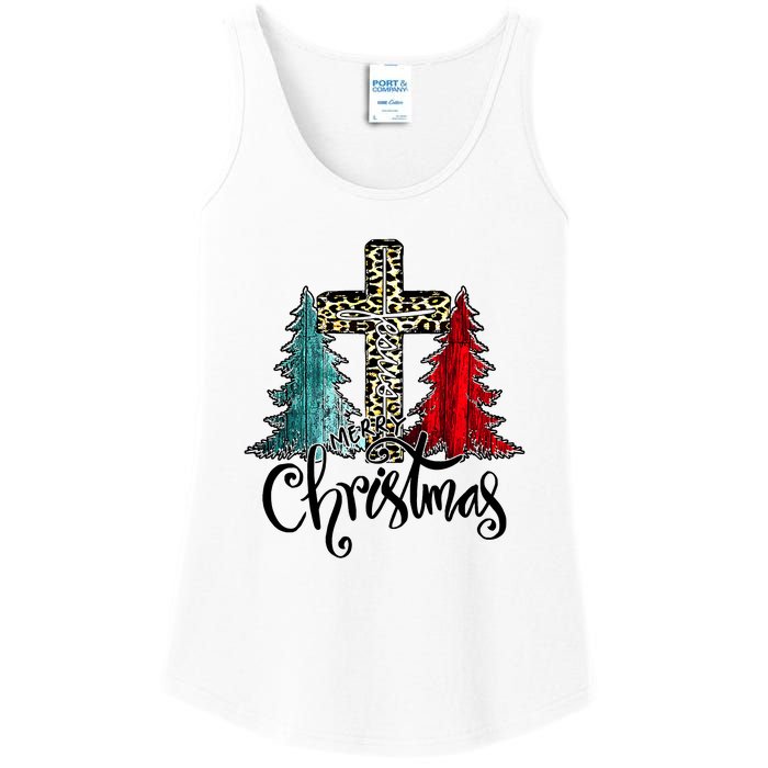 Christian Funny Merry Christmas Tree Jesus Cross Cheetah Ladies Essential Tank