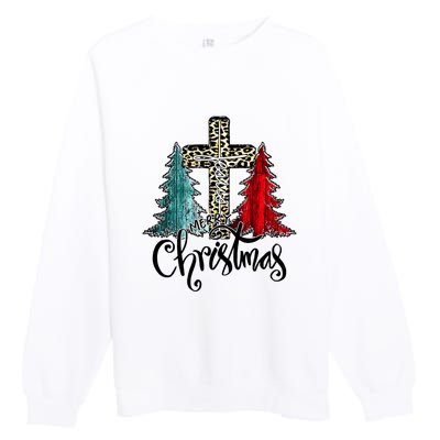 Christian Funny Merry Christmas Tree Jesus Cross Cheetah Premium Crewneck Sweatshirt