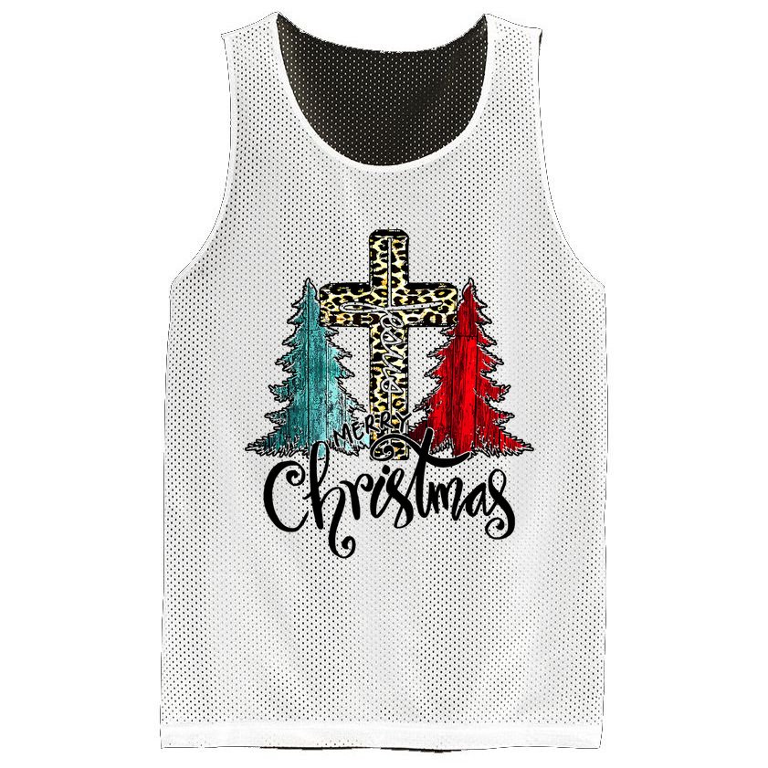 Christian Funny Merry Christmas Tree Jesus Cross Cheetah Mesh Reversible Basketball Jersey Tank