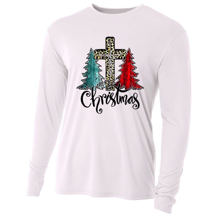 Christian Funny Merry Christmas Tree Jesus Cross Cheetah Cooling Performance Long Sleeve Crew