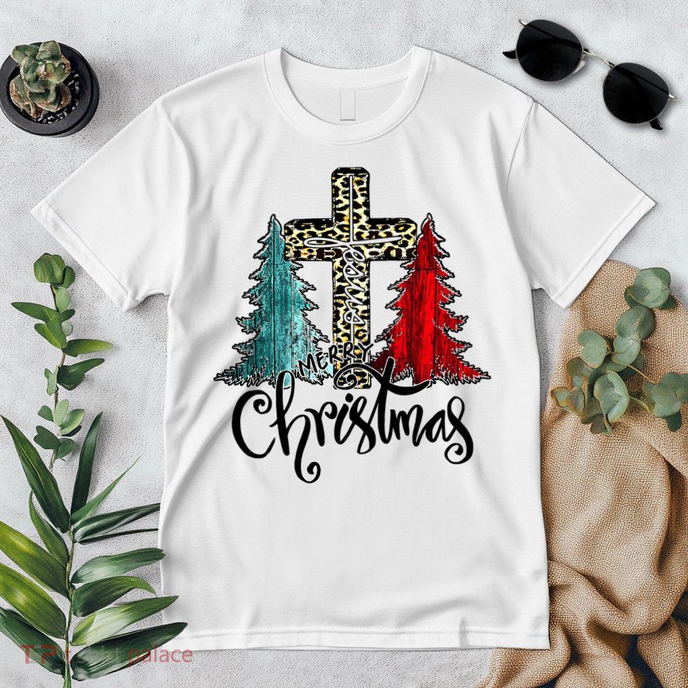 Christian Funny Merry Christmas Tree Jesus Cross Cheetah Premium T-Shirt