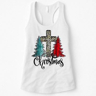 Christian Funny Merry Christmas Tree Jesus Cross Cheetah Womens Tank Top