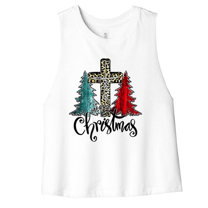 Christian Funny Merry Christmas Tree Jesus Cross Cheetah Women's Racerback Cropped Tank