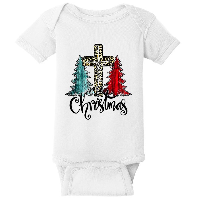 Christian Funny Merry Christmas Tree Jesus Cross Cheetah Baby Bodysuit