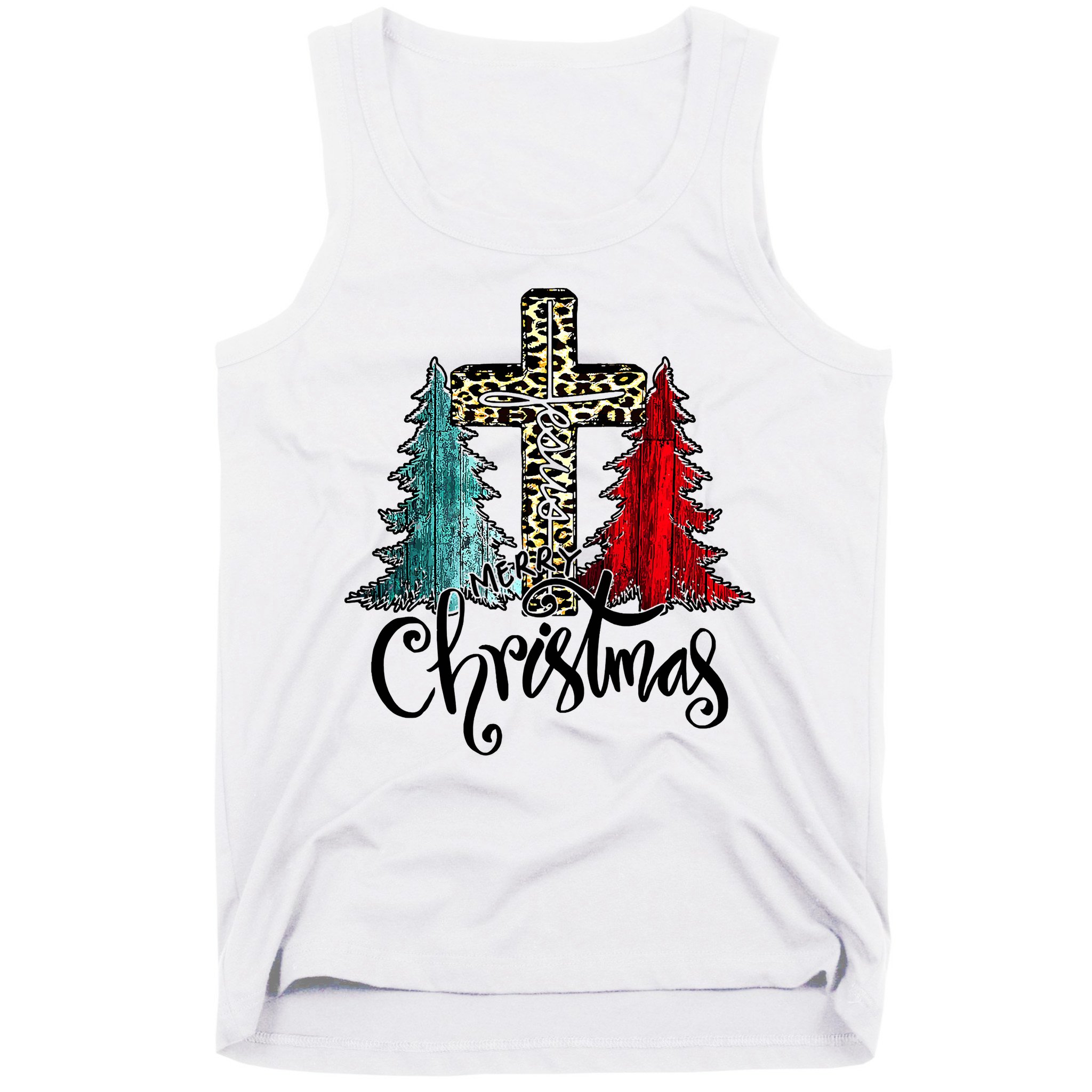 Christian Funny Merry Christmas Tree Jesus Cross Cheetah Tank Top