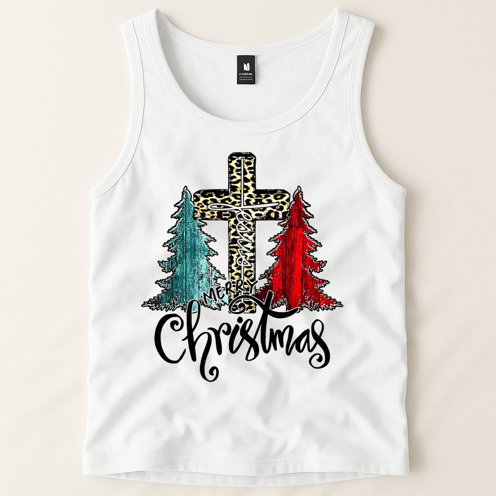 Christian Funny Merry Christmas Tree Jesus Cross Cheetah Tank Top