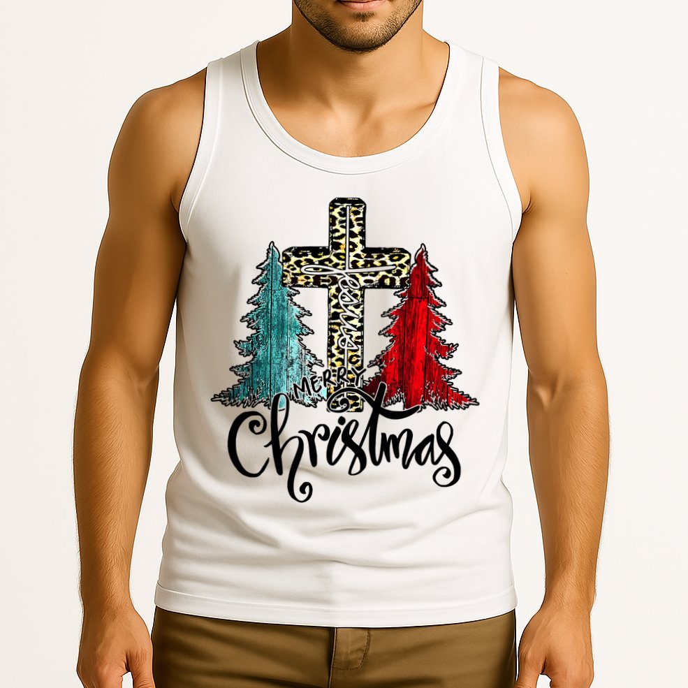 Christian Funny Merry Christmas Tree Jesus Cross Cheetah Tank Top