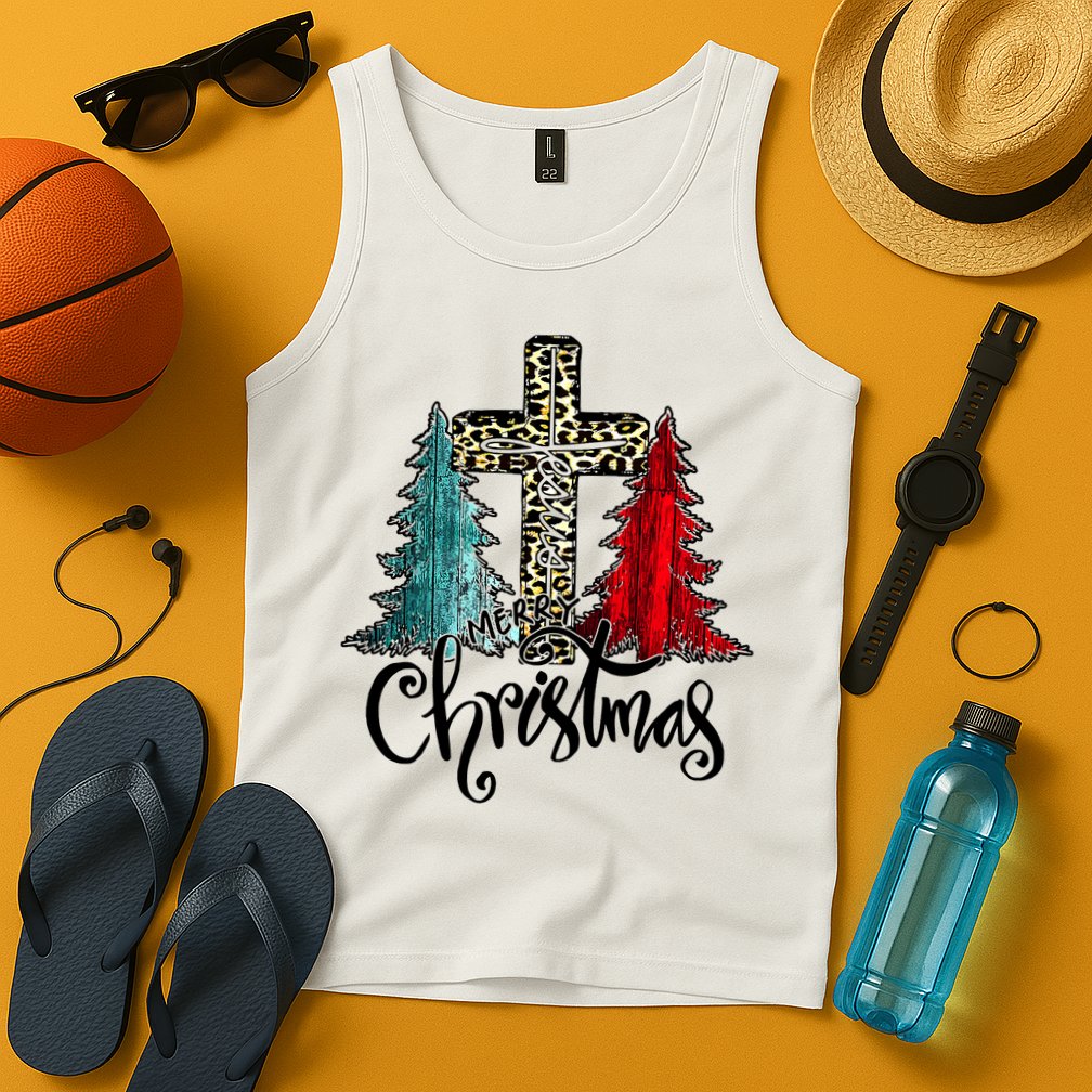 Christian Funny Merry Christmas Tree Jesus Cross Cheetah Tank Top