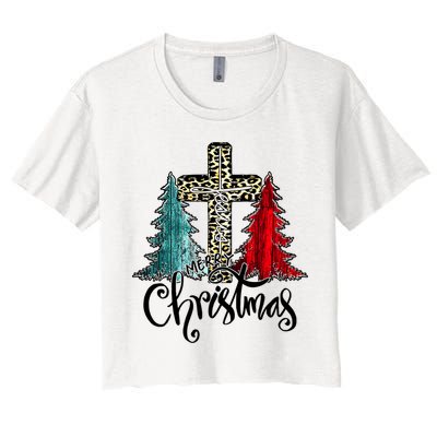 Christian Funny Merry Christmas Tree Jesus Cross Cheetah Crop Top